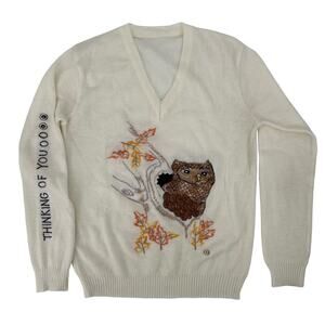 Vintage‎ Sweater Owl Embroidered Cyn Less Shirlee Designs Cream Small